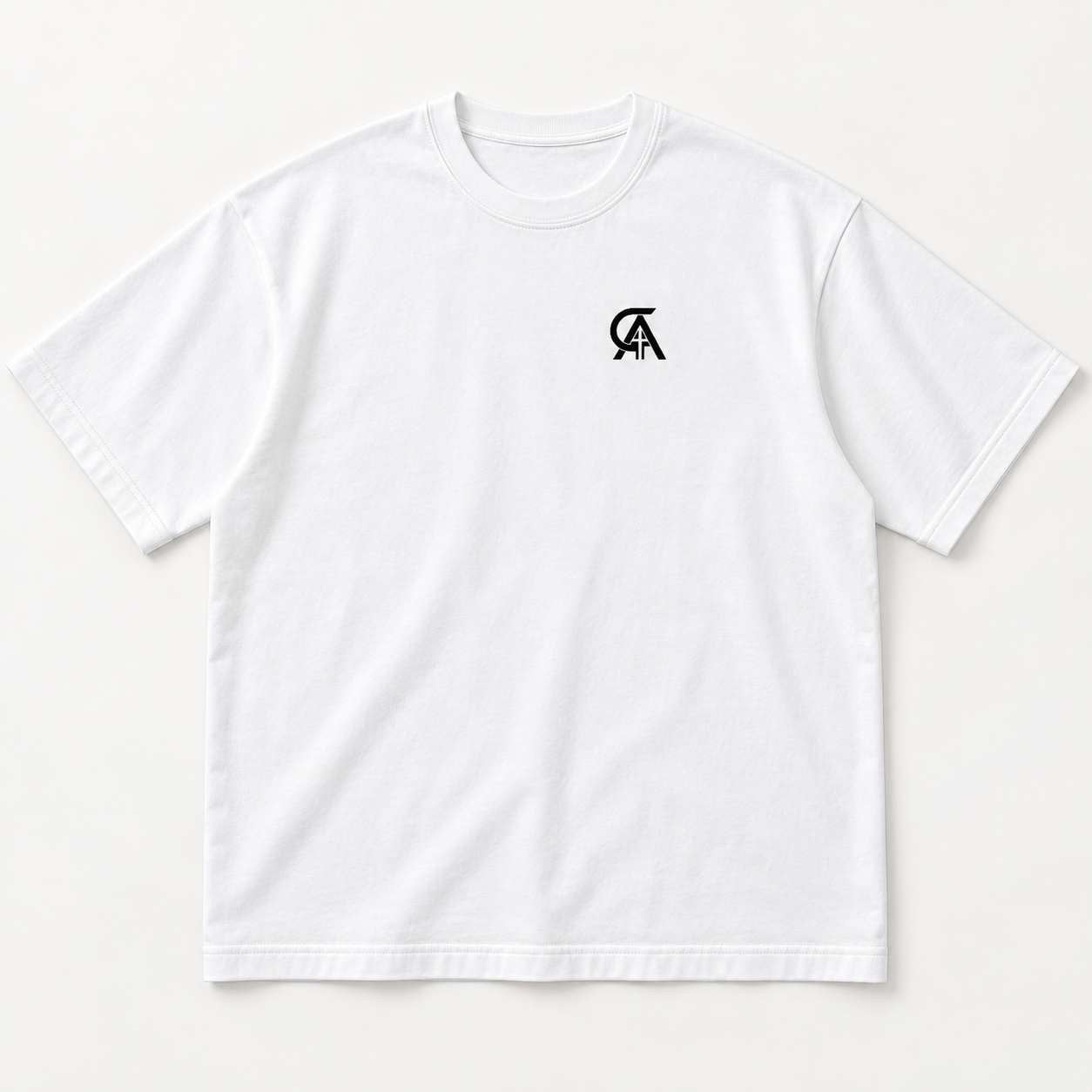 AI product mockup of the Men's Box CA Tee in White, front with CA chest symbol